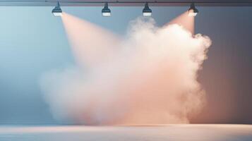 empty stage with red, white, and blue smoke, spotlight effects, particle effects, vibrant and festive backdrop photo