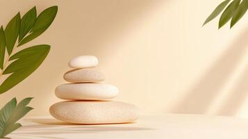 Aesthetic background, podium surrounded by spa rocks. ambient light natural tones, and a calm atmosphere stones photo