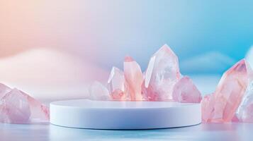 Aesthetic background, empty podium Mockup surrounded crystals. ambient light copy space for your text photo