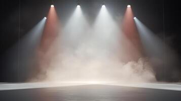 empty stage with red, white, and blue smoke, spotlight effects, particle effects, vibrant and festive backdrop Copy space for text photo