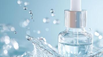 cosmetic glass dropper skincare bottle with hyaluronic liquid acid or serum stands in water with splashes and drops background Copy space for text photo