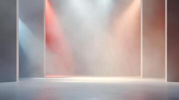 empty stage with red, white, blue smoke, spotlight effects, particle effects, vibrant and festive backdrop photo