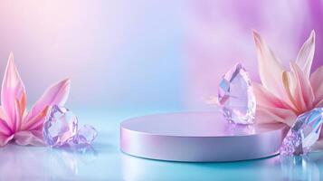 Aesthetic background, podium surrounded by crystals. ambient light copy space for your text photo