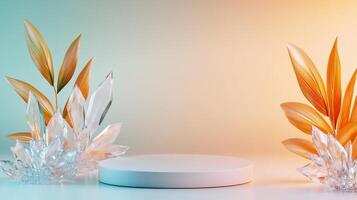 Aesthetic background, empty podium surrounded by crystals. ambient light copy space for your text photo