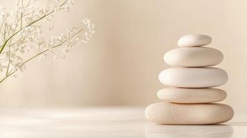 Aesthetic spa background, podium surrounded by spa rocks. ambient light natural tones, and a calm atmosphere photo