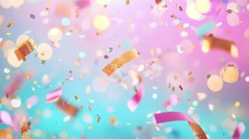 Colorful birthday and carnival party confetti scattered across a festive background, lively photo