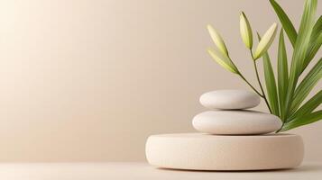 Aesthetic background, podium surrounded by spa rocks stones. ambient light natural tones, and a calm atmosphere photo