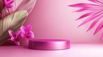 podium pedestal. Mockup for a product presentation design template. Pink flower with a pink background photo