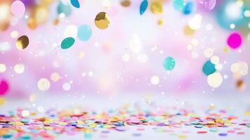Colorful abstract birthday and carnival party confetti scattered across a festive background, creating a lively copy space for your text photo