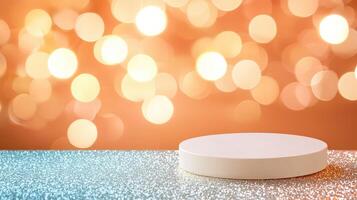 Aesthetic background, empty podium surrounded by glitter. ambient gold light. Bokeh background photo