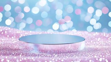 Aesthetic background, empty podium Mockup surrounded by glitter. ambient light. Bokeh background photo
