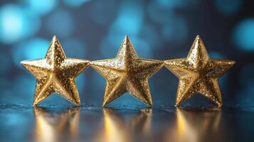 Gold three star rating trophy success, achievement, and victory on background photo