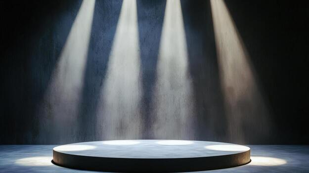 Wooden podium Mockup is set up in a room with a concrete wall empty display background photo