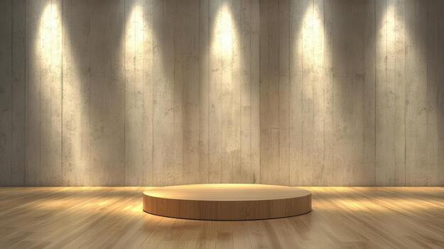 Wooden podium is set up in a room with a concrete wall empty display background photo