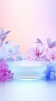 Empty podium mockup decorated with pastel pink and purple flowers and crystals on a gradient background aesthetic photo