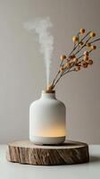Modern essential oil diffuser releasing aromatic near blooming cherry branches, creating peaceful wellness atmosphere aromatherapy home comfort photo