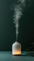 Modern essential oil diffuser aromatic mist near blooming cherry branches, creating peaceful wellness atmosphere aromatherapy home comfort photo