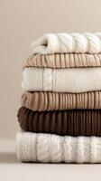 Knitted sweaters stacked neatly, conveying warmth and comfort for seasonal cold weather styling autumn background photo