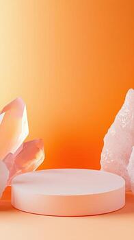 Five pink and white podium mockup surrounded crystals arranged on a white platform, creating a serene and mystical atmosphere against a pastel backdrop photo