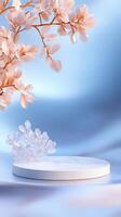 Minimalist white podium mockup acrylic stone, sakura branches spring casting delicate shadows on serene blue background photo