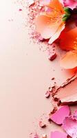 Crushed Macro cosmetic shot of broken blush makeup in pink, gold, coral tones scattered across pristine white surface, forming vibrant, artistic texture photo
