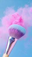 Makeup brushes exploding colorful powder explosion and glitter create a vibrant and dynamic scene, ideal for beauty and cosmetics photo
