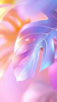 Iridescent tropical monstera plant leaves in pastel colors create a vibrant otherworldly atmosphere, perfect for background and design projects photo