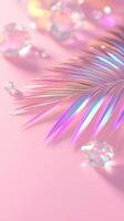 Soft pastel hues emphasizing curved palm leaf, capturing relaxed tropical summer glittering mood with minimalist design aesthetic holographic background of purple pink and blue shimmering photo