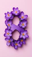 Paper numeral eight 8 march in crocuses flower, adorned with crocus blooms against pastel pink, highlighting women's day celebration photo