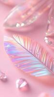Soft pastel hues emphasizing curved palm leaf, capturing relaxed tropical summer glittering mood with minimalist design aesthetic holographic background pink and blue shimmering photo