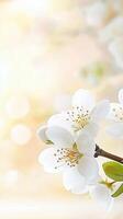 White blossoms opening delicately on flowering branch, soft blue sky backdrop highlighting seasonal spring photo