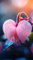 Beautiful pink flower with visible stamens, hanging from its stem in soft light with blurred photo