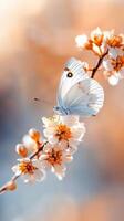 White Closeup butterfly flowers spring pollinating delicate pink blossom against vivid blue sky, capturing natural beauty and seasonal renewal background photo