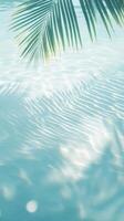Lush palm leaves fronds mirroring turquoise water sea, casting peaceful summer reflections across luminous tropical seascape with serene vacation vibes travel background photo