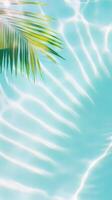 Lush palm leaves fronds mirroring turquoise water ocean, casting peaceful summer reflections across luminous tropical seascape with serene vacation vibes travel background copy space for your text photo