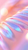 Soft pastel palm leaf, capturing tropical summer glittering mood with minimalist design aesthetic holographic background of purple pink and blue shimmering copy space photo
