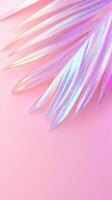 Soft pastel palm leaf, capturing relaxed tropical summer glittering minimalist design aesthetic holographic background of purple pink and blue shimmering copy space photo