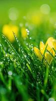 Dew covered grass surrounding delicate yellow crocus, highlighting morning freshness natural beauty of early spring landscape background photo