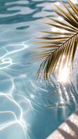 Lush palm leaves fronds mirroring turquoise water sea, casting peaceful summer sunny day reflections across luminous tropical seascape with serene vacation vibes travel background photo