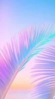 Soft pastel hues emphasizing curved palm leaf, relaxed tropical summer mood with minimalist design aesthetic holographic background photo