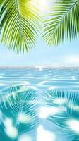 Lush palm fronds mirroring turquoise waters, casting peaceful summer reflections across luminous tropical seascape with serene vacation vibes photo