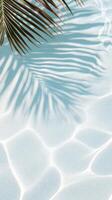 Lush palm leaves fronds mirroring turquoise water sea, casting peaceful summer sunny day reflections luminous tropical seascape with serene vacation vibes travel background photo