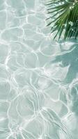 Lush palm leaves fronds mirroring turquoise water sea, casting peaceful summer reflections across luminous seascape with serene vacation vibes travel background photo
