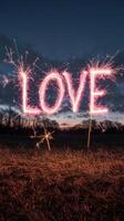 Light painting depicting the word pink love text, created using sparklers on a dark valentine background with light trails photo