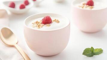 Pink bowl containing yogurt, muesli and raspberry, perfect for a healthy and delicious breakfast food photo