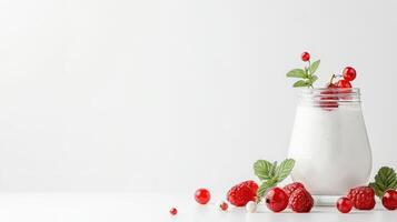 Glass jar with creamy yogurt decorated with fresh raspberries, redcurrants, and mint leaves on a clean white background food photo