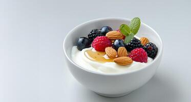 Creamy Greek yogurt topped with honey in glass bowl with almonds, redcurrants, drizzled with syrup food nutritious morning treat photo