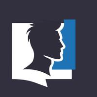 a man's head is shown in a square with a blue background vector