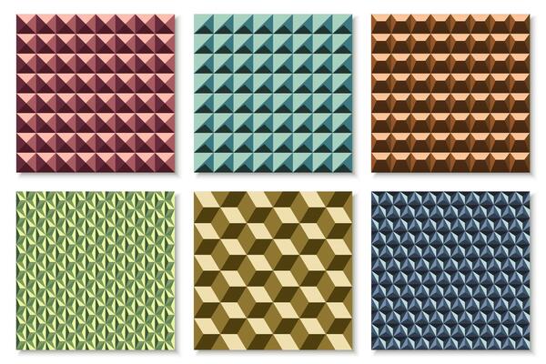 Collection of color seamless geometric 3d decorative textures. Repeatable creative structure backgrounds