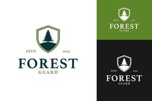 Pines tree on shield for security or forest guard logo design illustration vector